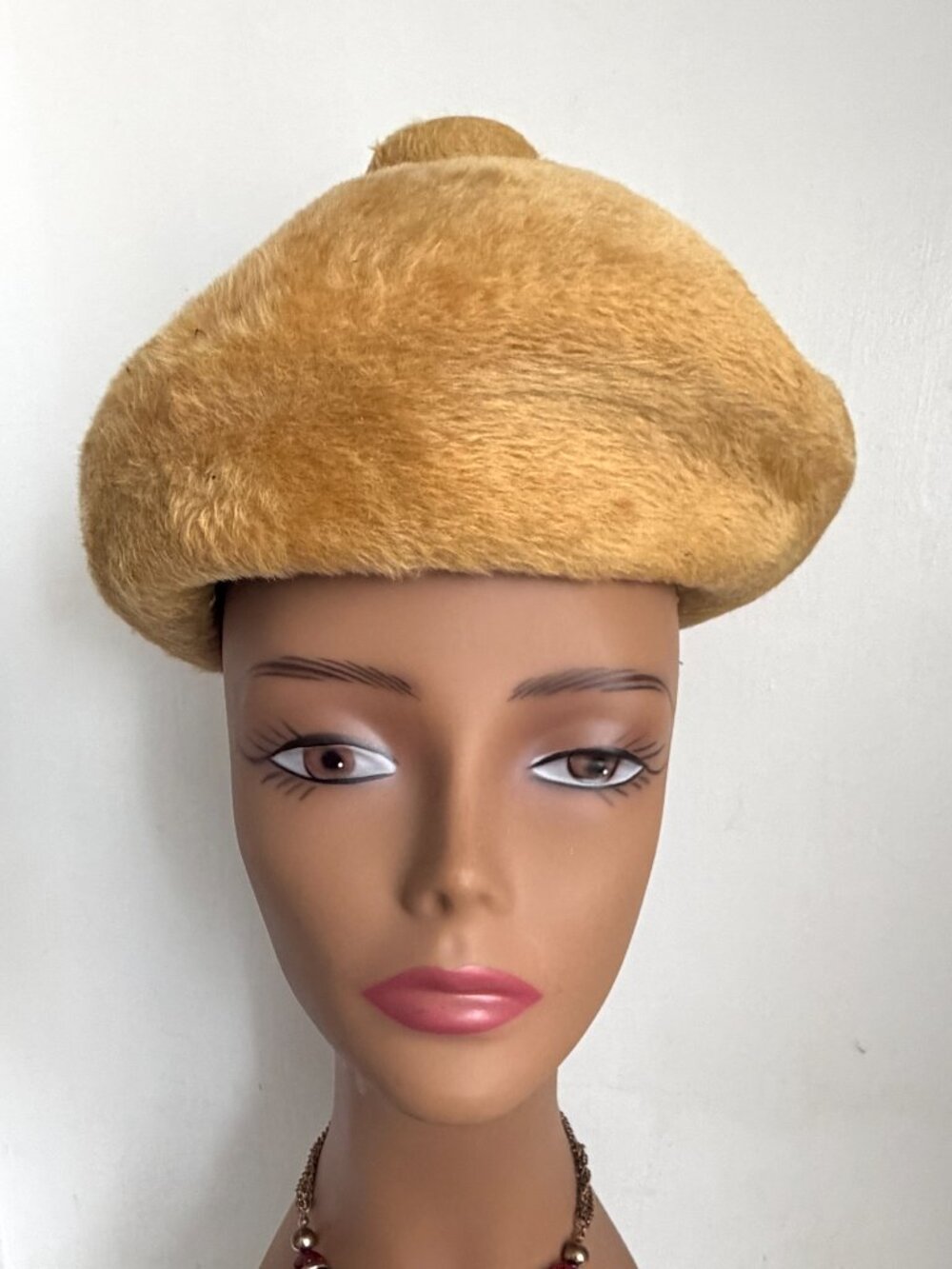 Vintage 60s Fuzzy Faux Fur Pillbox Toque Pillbox Hat Camel Golden Tan Germany